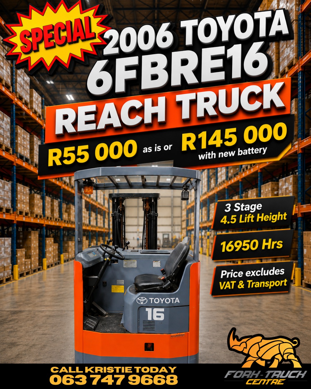 Toyota 6FBRE16 Reach Truck forklift for sale